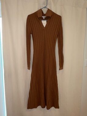 LK Bennett Brown Ribbed Long-Sleeve Collared Knit Dress